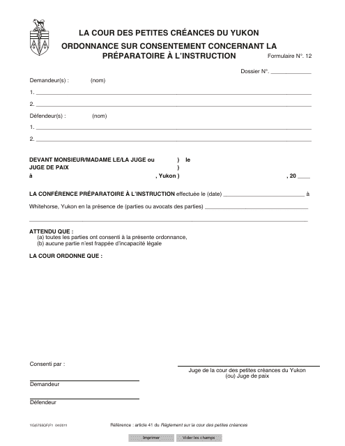Forme 12 (YG5775) Pre-trial Consent Order - Yukon, Canada (French)