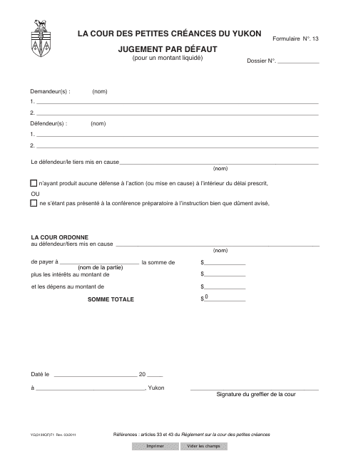 Forme 13 (YG3139) Default Judgment - Yukon, Canada (French)