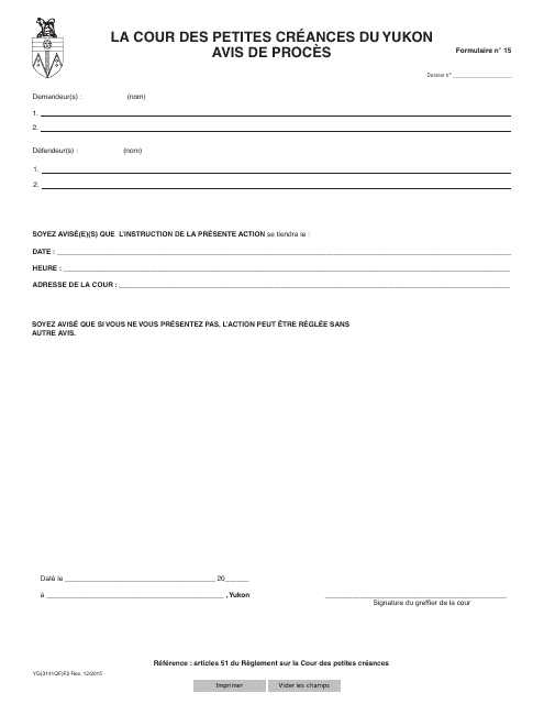Forme 15 (YG3141) Notice of Trial - Yukon, Canada (French)