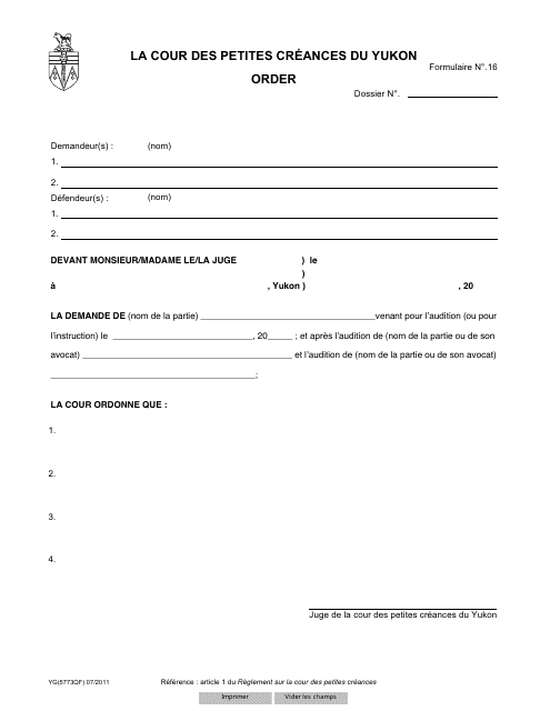 Forme 16 (YG5773) Order - Yukon, Canada (French)