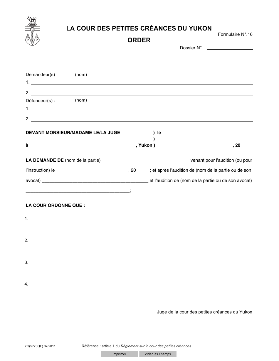 Forme 16 (YG5773) Order - Yukon, Canada (French), Page 1