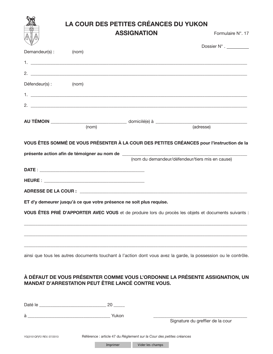Forme 17 (YG3151) Assignation - Yukon, Canada (French), Page 1