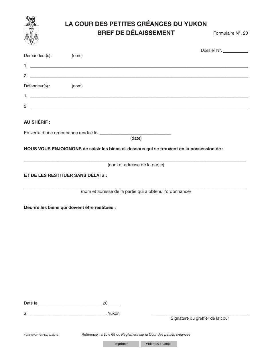 Forme 20 (YG3154) Bref De Delaissement - Yukon, Canada (French), Page 1