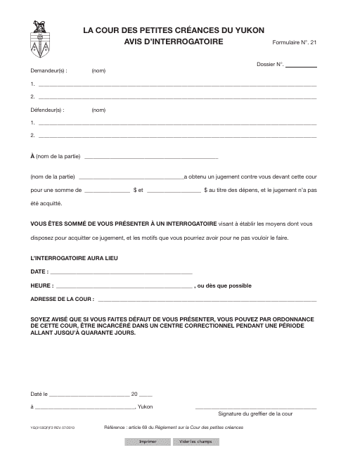 Forme 21 (YG3155) Notice of Examination - Yukon, Canada (French)