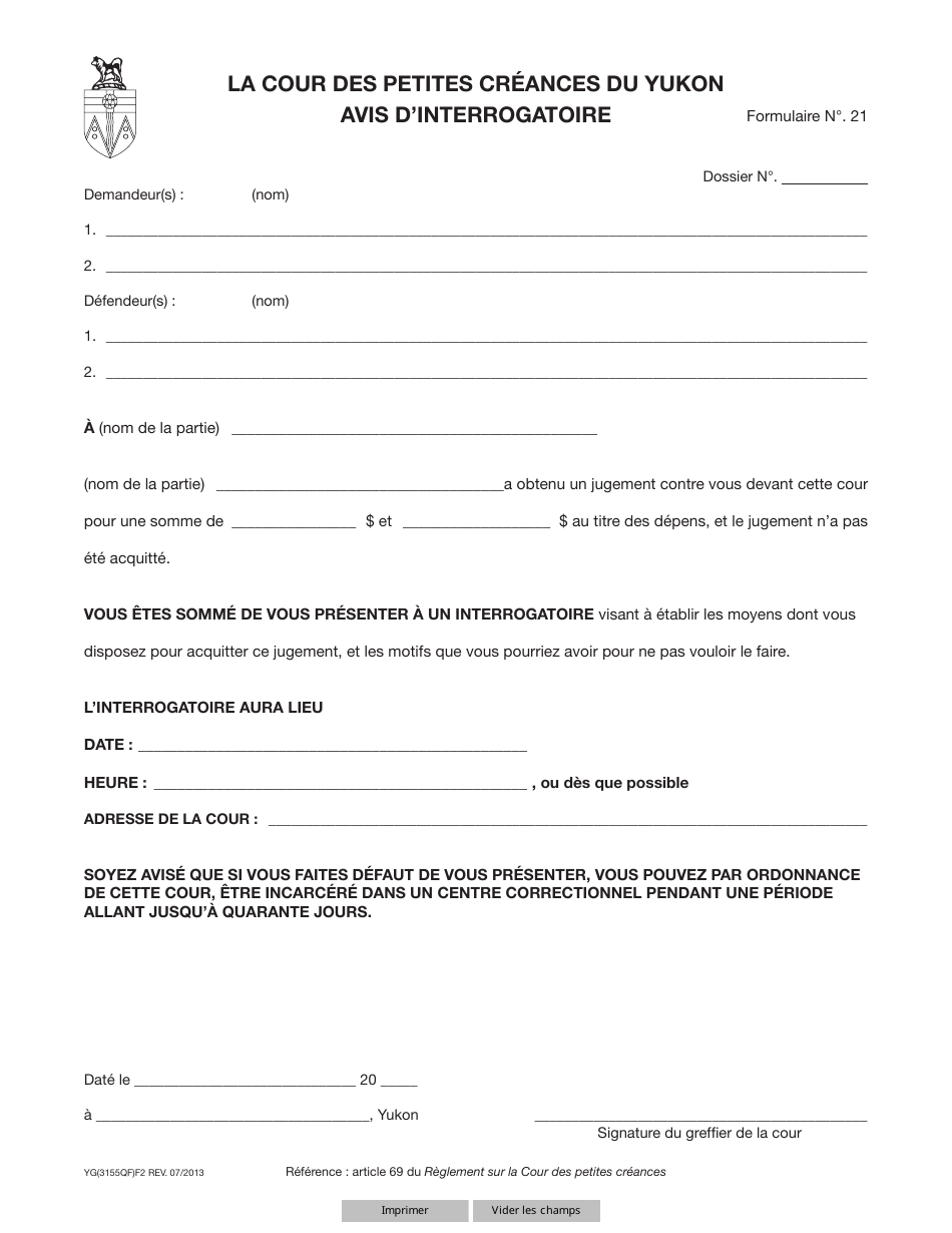 Forme 21 (YG3155) Notice of Examination - Yukon, Canada (French), Page 1
