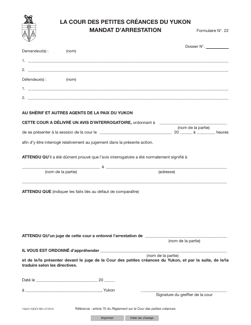 Forme 22 (YG4511) Warrant of Arrest - Yukon, Canada (French)