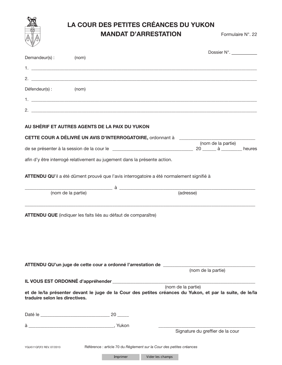 Forme 22 (YG4511) Warrant of Arrest - Yukon, Canada (French), Page 1