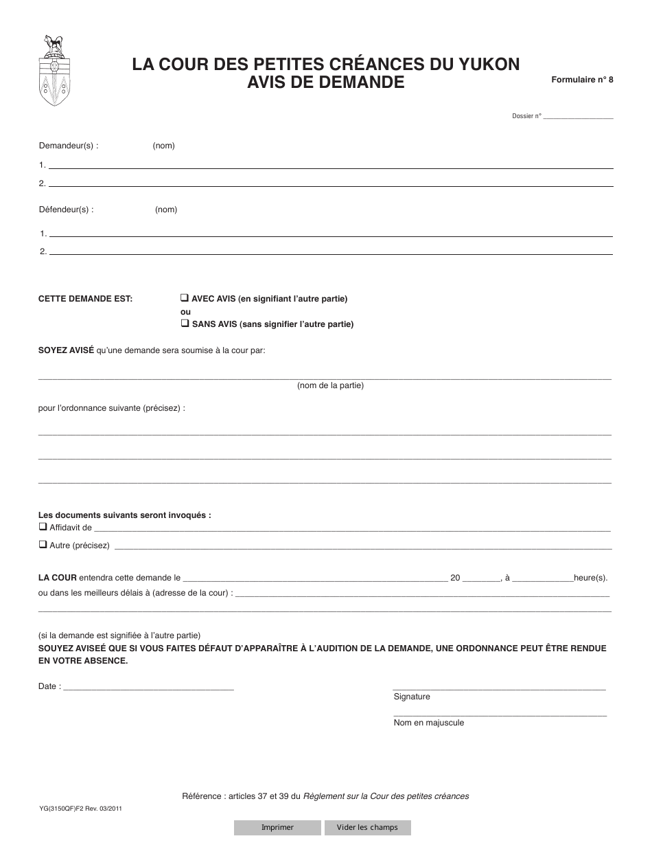Forme 8 (YG3150) Notice of Application - Yukon, Canada (French), Page 1