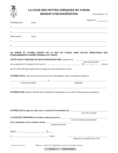 Forme 23 (YG3145) Warrant of Committal - Yukon, Canada (French)