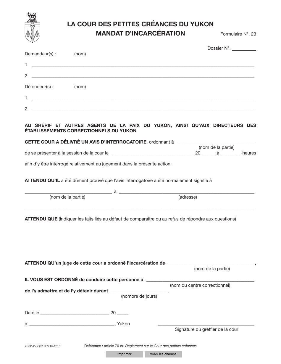 Forme 23 (YG3145) Warrant of Committal - Yukon, Canada (French), Page 1