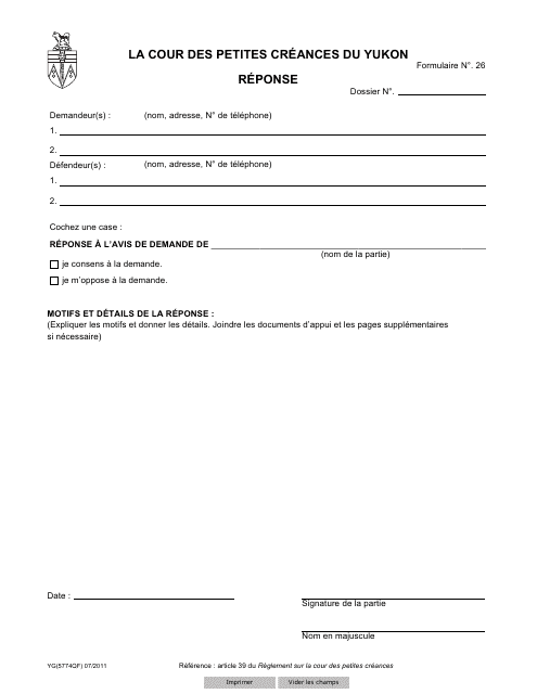Forme 26 (YG5774) Response - Yukon, Canada (French)