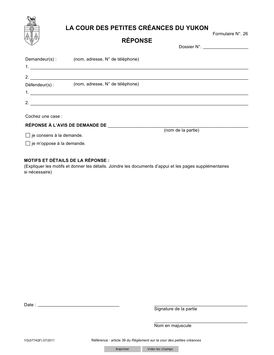 Forme 26 (YG5774) Response - Yukon, Canada (French), Page 1