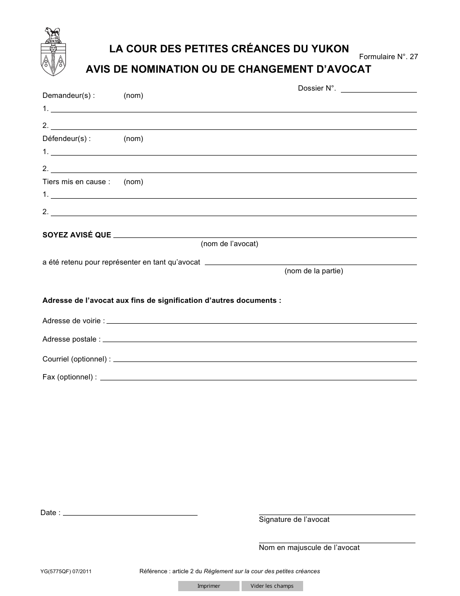 Forme 27 (YG5775) Notice of Appointment or Change of Lawyer - Yukon, Canada (French), Page 1