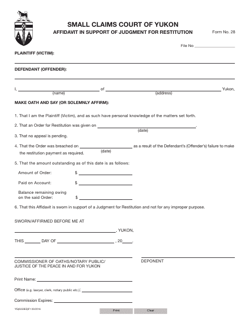Form 28 (YG6359) Affidavit in Support of Judgment for Restitution - Yukon, Canada