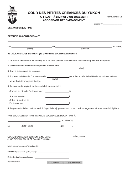 Forme 28 (YG6359) Affidavit in Support of Judgment for Restitution - Yukon, Canada (French)