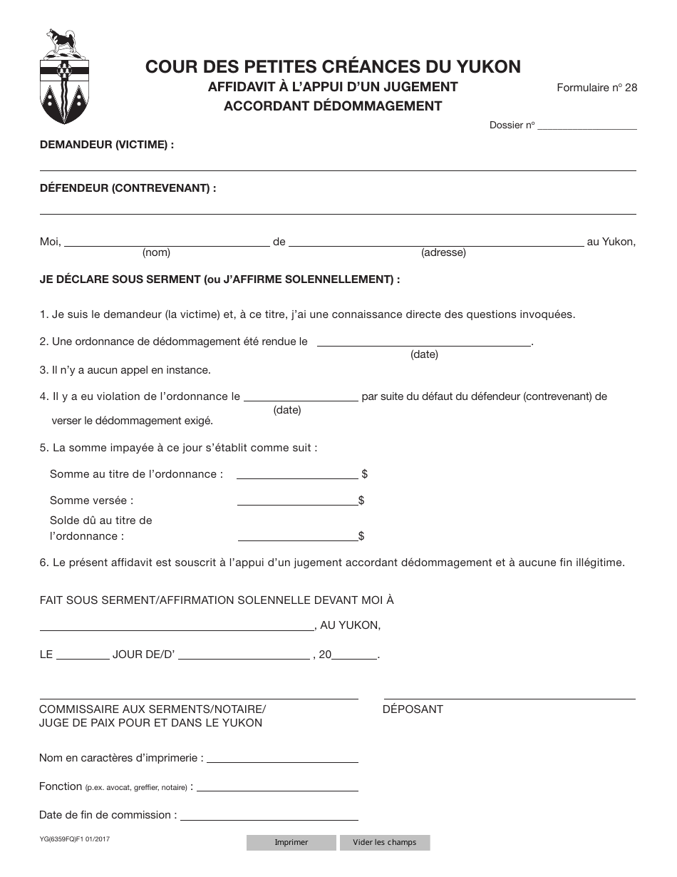 Forme 28 (YG6359) Affidavit in Support of Judgment for Restitution - Yukon, Canada (French), Page 1