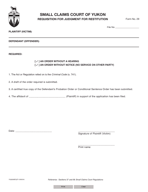 Form 29 (YG6360) Requisition for Judgment for Restitution - Yukon, Canada