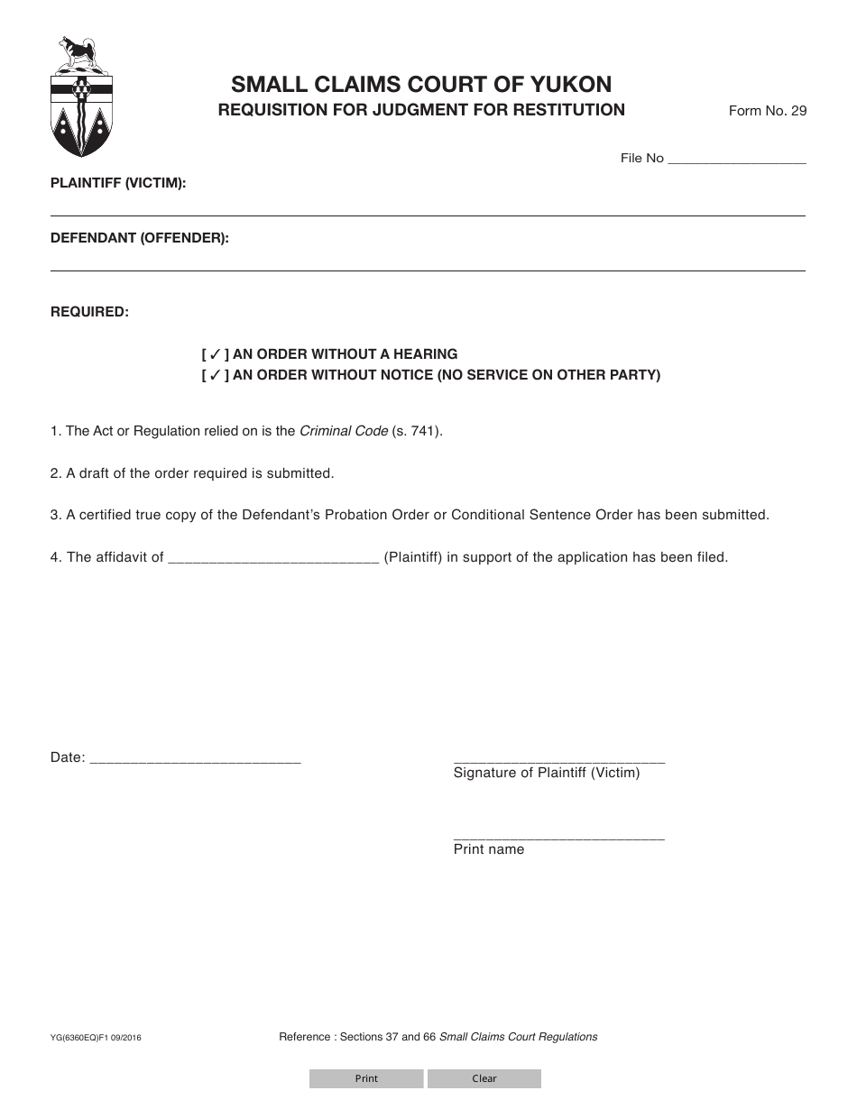 Form 29 (YG6360) Requisition for Judgment for Restitution - Yukon, Canada, Page 1
