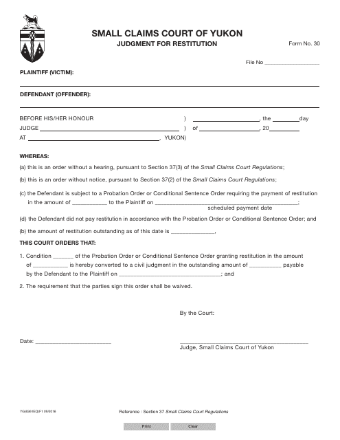 Form 30 (YG6361) Judgment for Restitution - Yukon, Canada