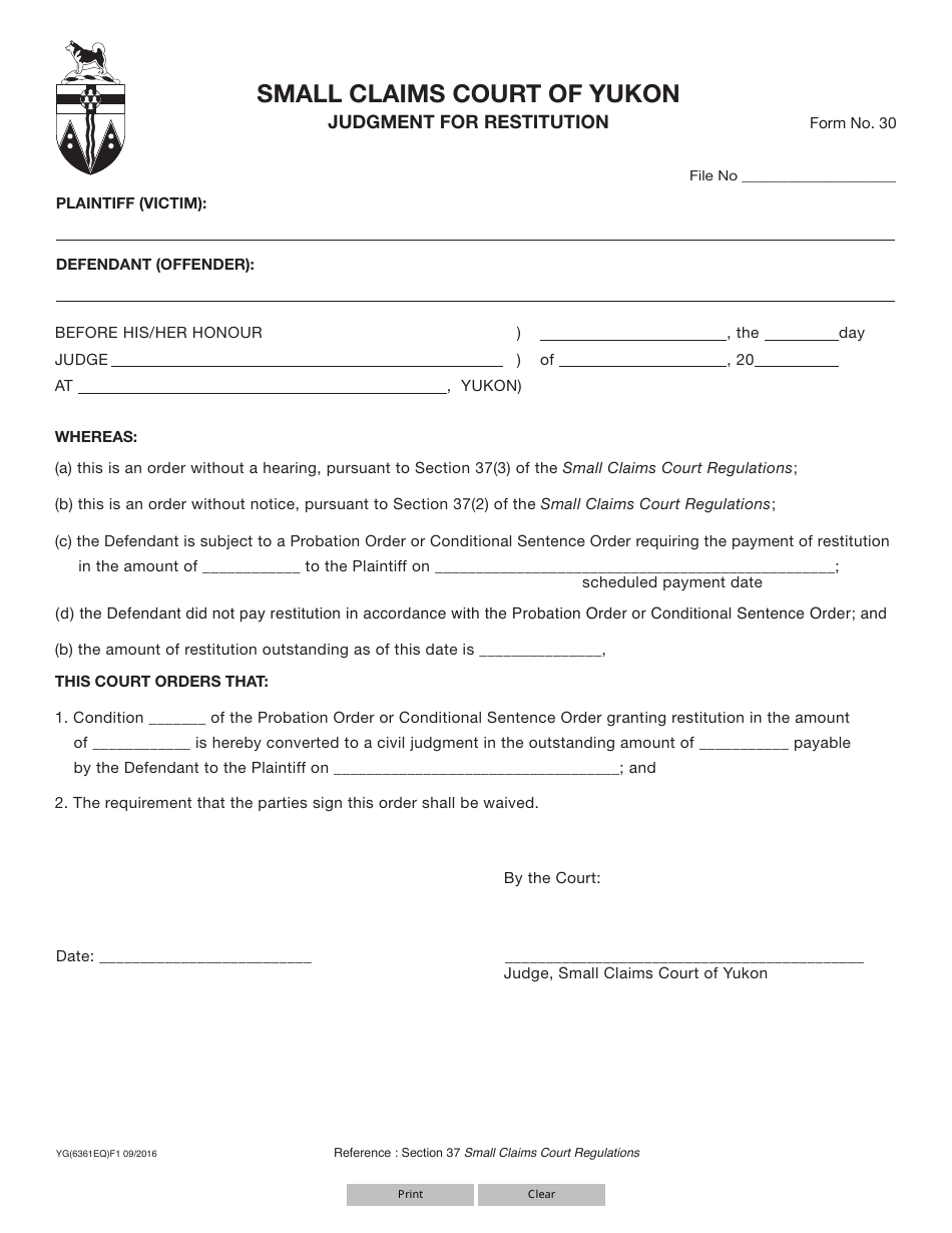 Form 30 (YG6361) Judgment for Restitution - Yukon, Canada, Page 1