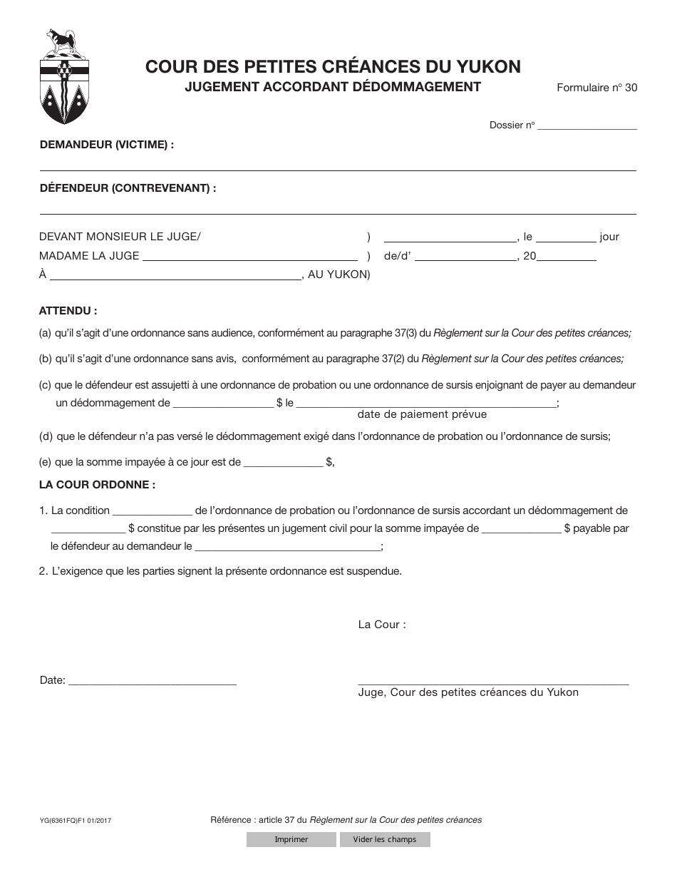 Forme 30 (YG6361) Judgment for Restitution - Yukon, Canada (French), Page 1