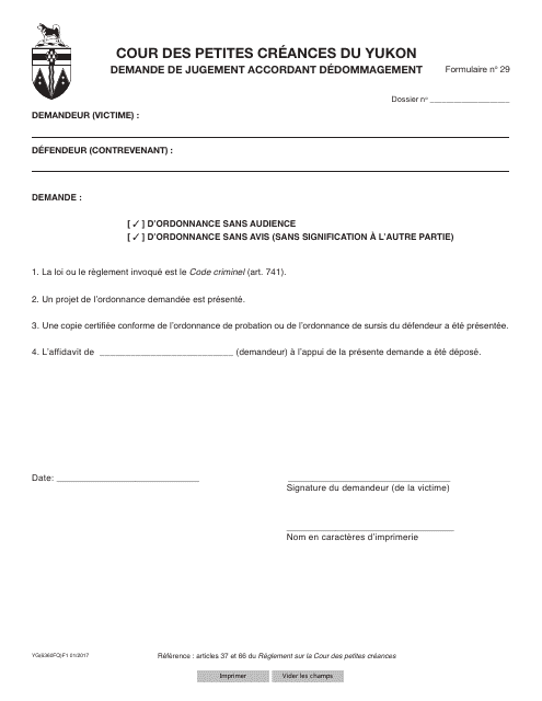 Forme 29 (YG6360) Requisition for Judgment for Restitution - Yukon, Canada (French)