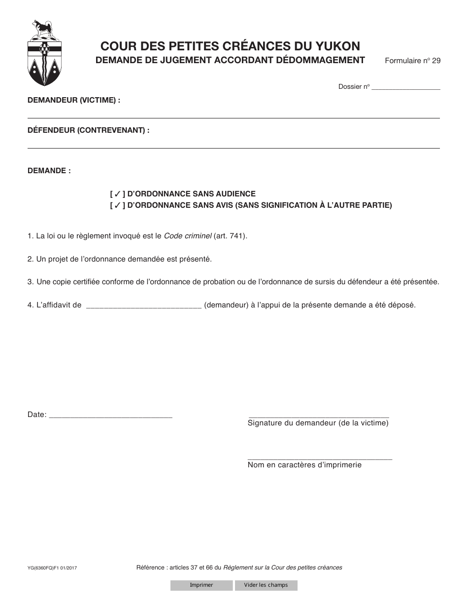 Forme 29 (YG6360) Requisition for Judgment for Restitution - Yukon, Canada (French), Page 1
