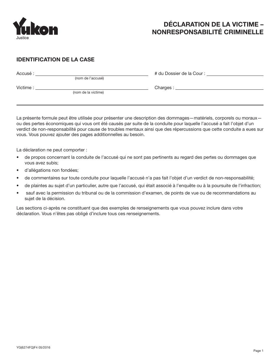 Forme YG6274 Declaration De La Victime - Nonresponsabilite Criminelle - Yukon, Canada (French), Page 1