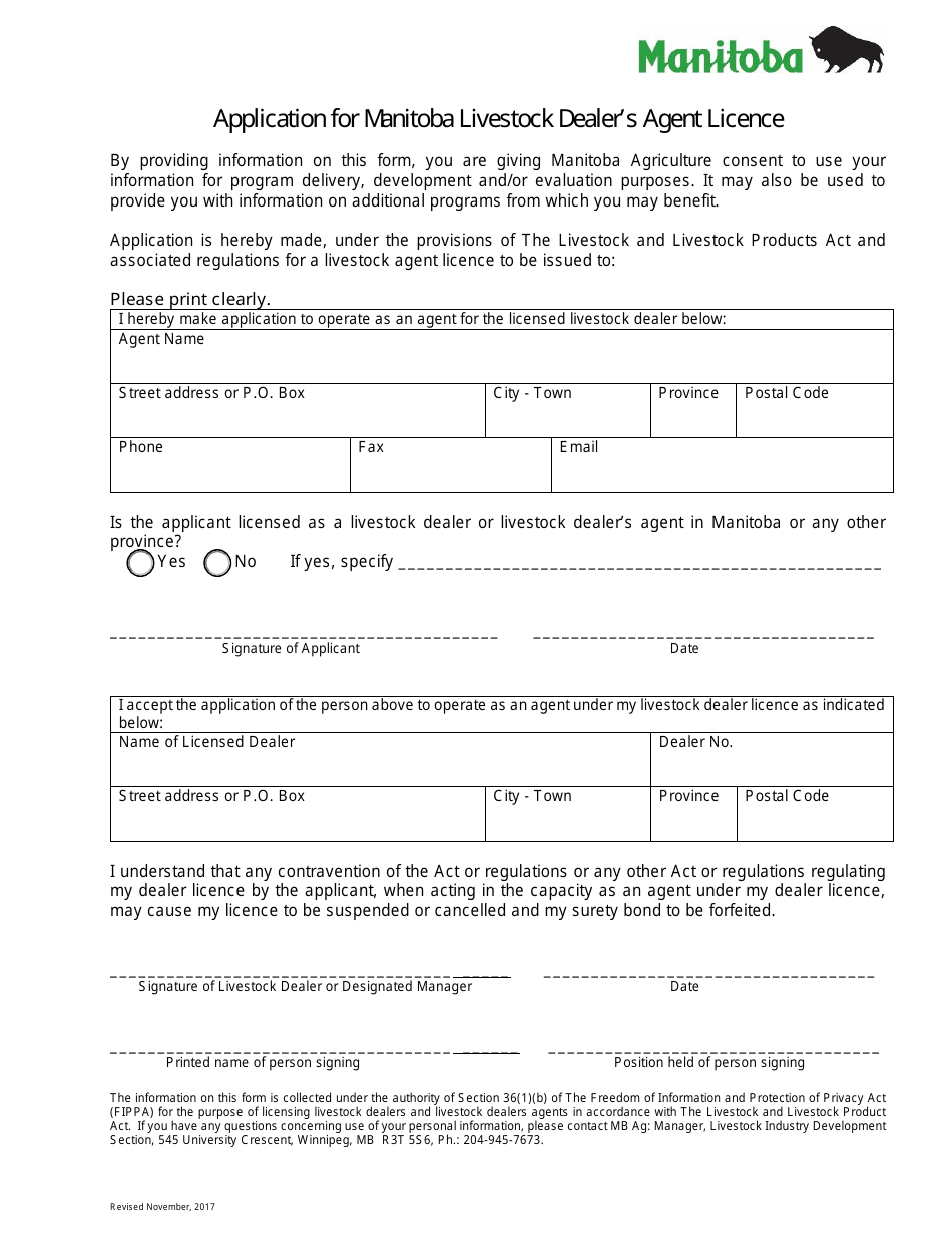 Application for Manitoba Livestock Dealers Agent Licence - Manitoba, Canada, Page 1