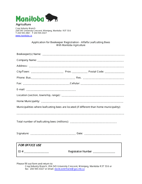 Application for Beekeeper Registration - Alfalfa Leafcutting Bees - Manitoba, Canada