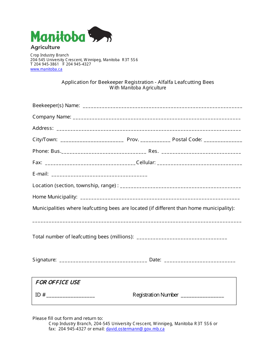Application for Beekeeper Registration - Alfalfa Leafcutting Bees - Manitoba, Canada, Page 1