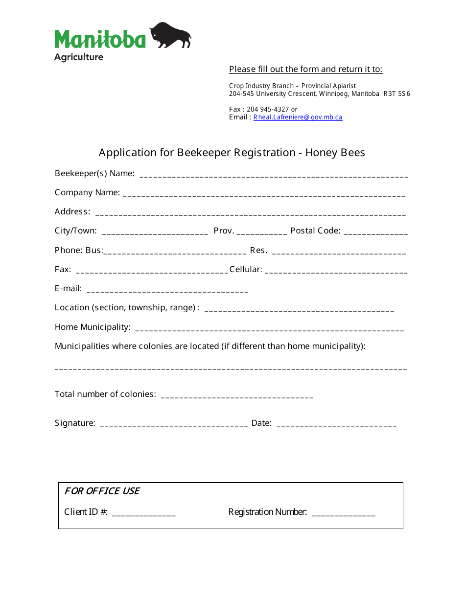 Manitoba Canada Application for Beekeeper Registration Honey Bees
