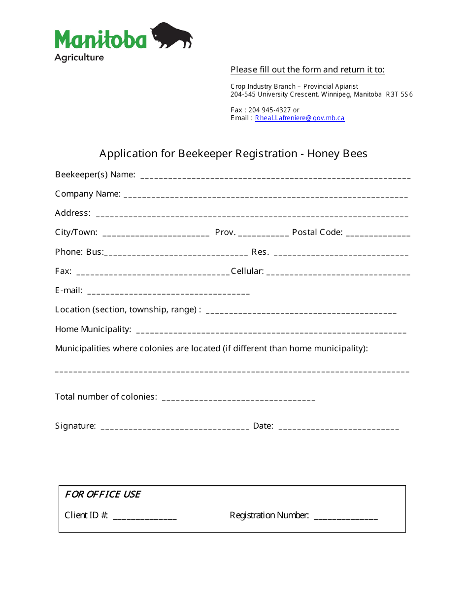 Application for Beekeeper Registration - Honey Bees - Manitoba, Canada, Page 1