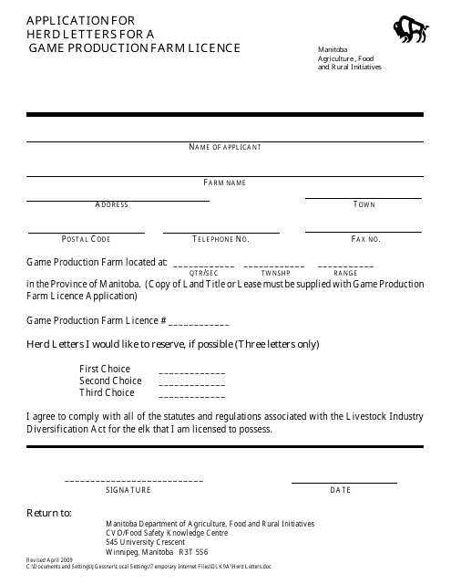 Application for Herd Letters for a Game Production Farm Licence - Manitoba, Canada Download Pdf