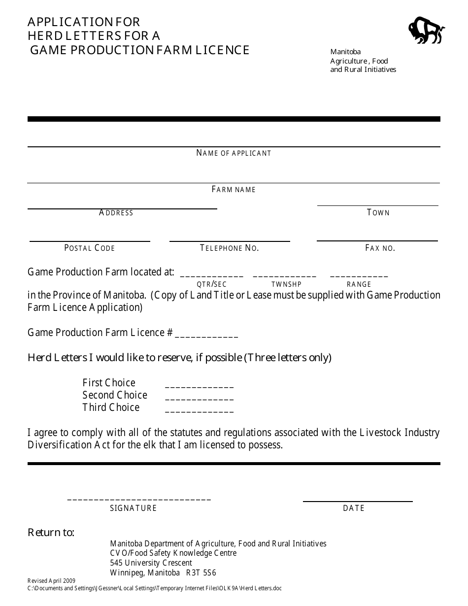 Application for Herd Letters for a Game Production Farm Licence - Manitoba, Canada, Page 1