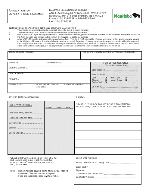 Application for Duplicate Ged Statement - Manitoba, Canada Download Pdf