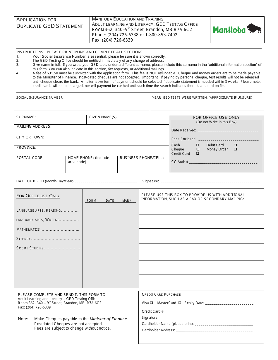 Application for Duplicate Ged Statement - Manitoba, Canada, Page 1