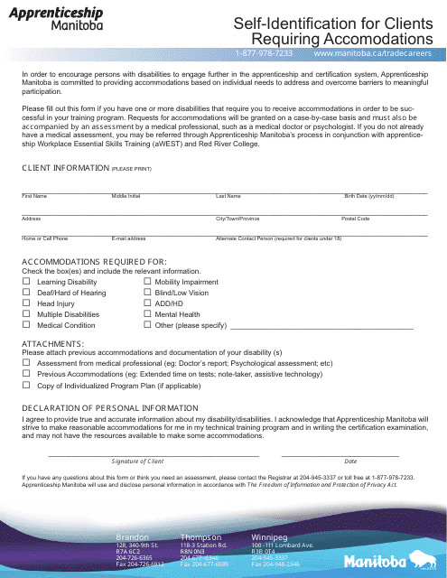 Self-identifi Cation for Clients Requiring Accomodations - Manitoba, Canada Download Pdf