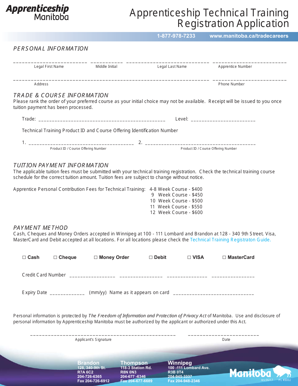 Apprenticeship Technical Training Registration Application - Manitoba, Canada, Page 1