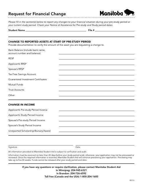 Request for Financial Change - Manitoba, Canada