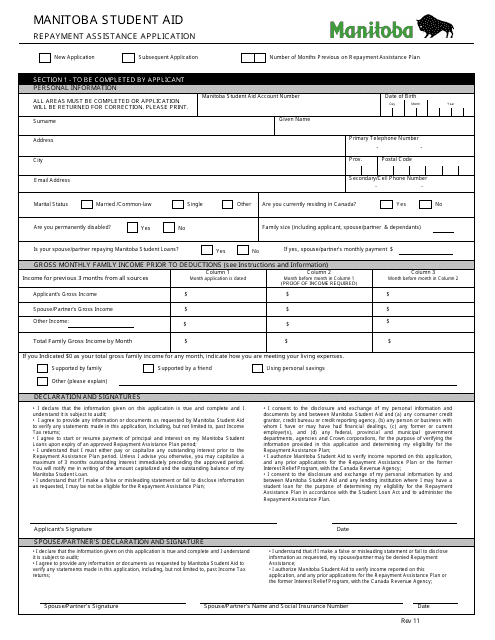 Repayment Assistance Application - Manitoba, Canada Download Pdf