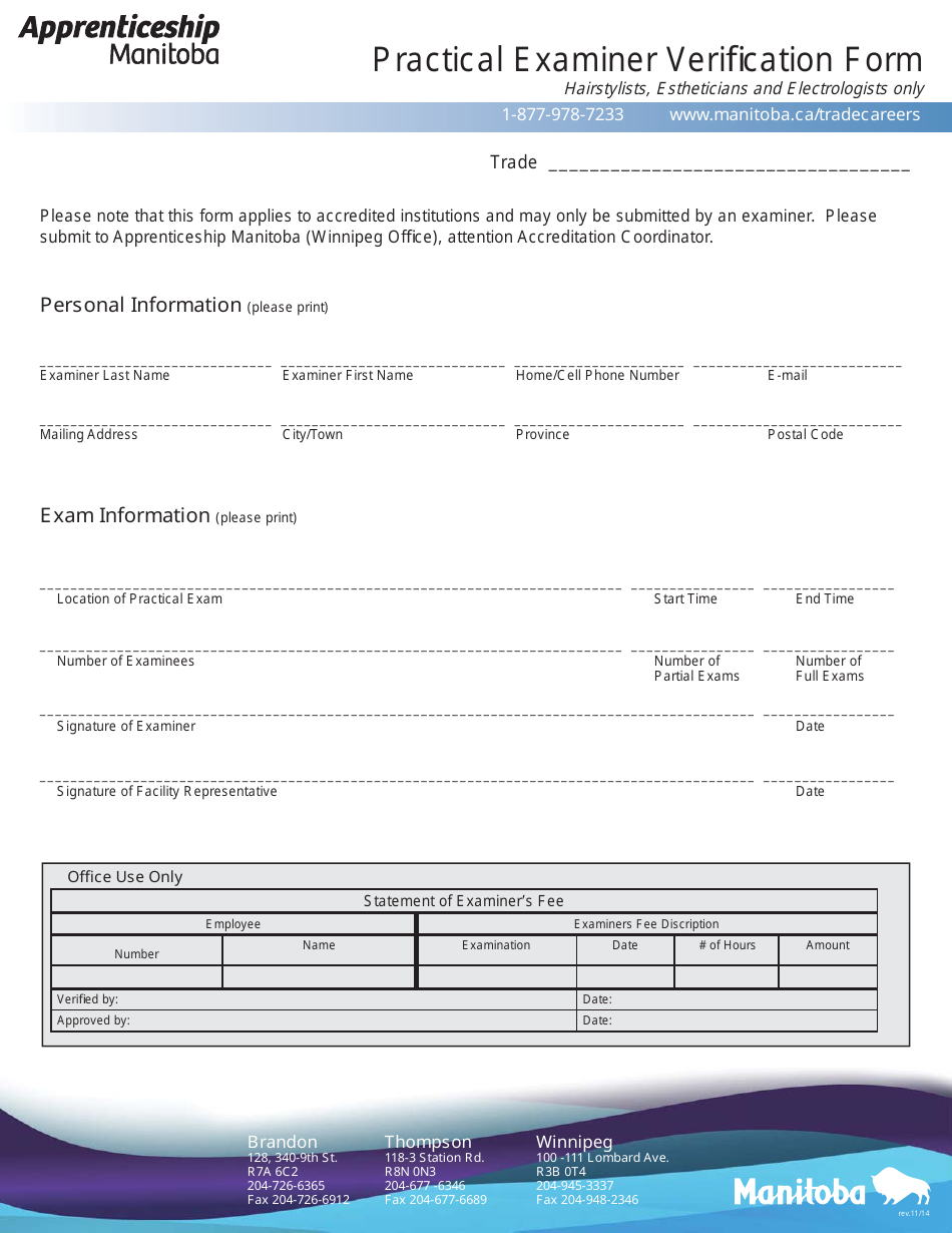 Practical Examiner Verification Form - Manitoba, Canada, Page 1