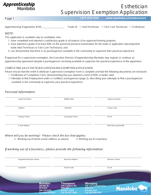 Esthetician Supervision Exemption Application Form - Manitoba, Canada Download Pdf