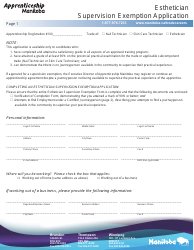 Esthetician Supervision Exemption Application Form - Manitoba, Canada