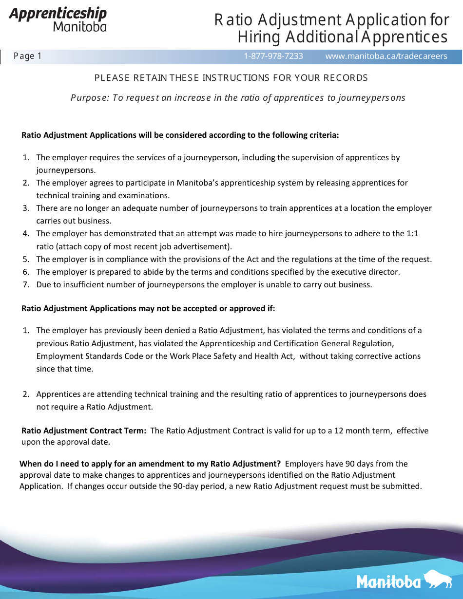 Ratio Adjustment Application for Hiring Additional Apprentices - Manitoba, Canada, Page 1