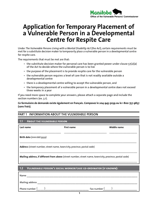 &quot;Application for Temporary Placement of a Vulnerable Person in a Developmental Centre for Respite Care&quot; - Manitoba, Canada Download Pdf