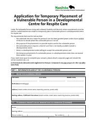 &quot;Application for Temporary Placement of a Vulnerable Person in a Developmental Centre for Respite Care&quot; - Manitoba, Canada