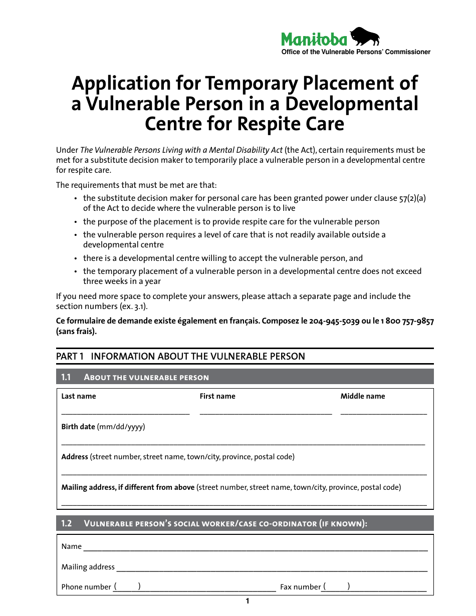 Application for Temporary Placement of a Vulnerable Person in a Developmental Centre for Respite Care - Manitoba, Canada, Page 1
