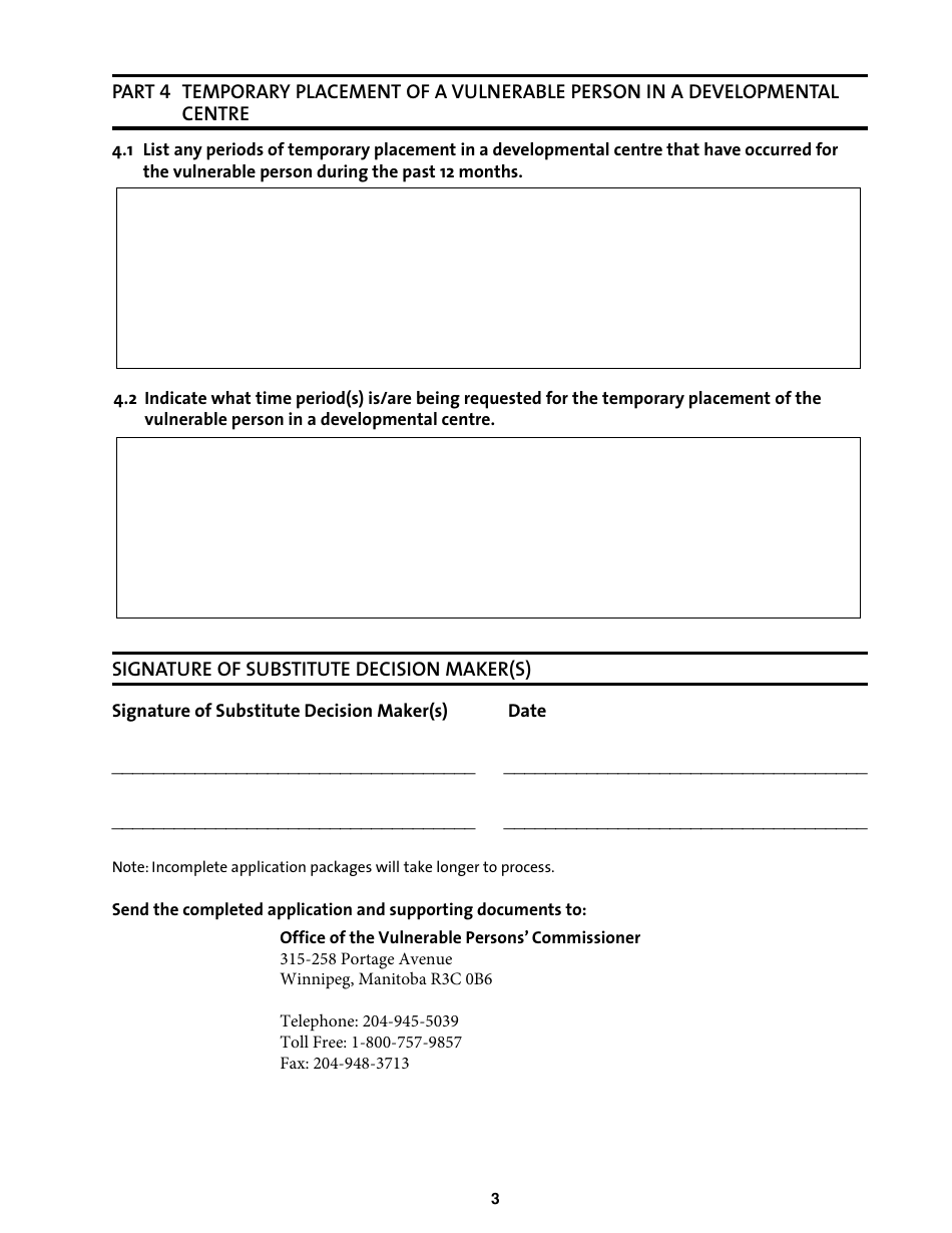 Application for Temporary Placement of a Vulnerable Person in a Developmental Centre for Respite Care - Manitoba, Canada, Page 3