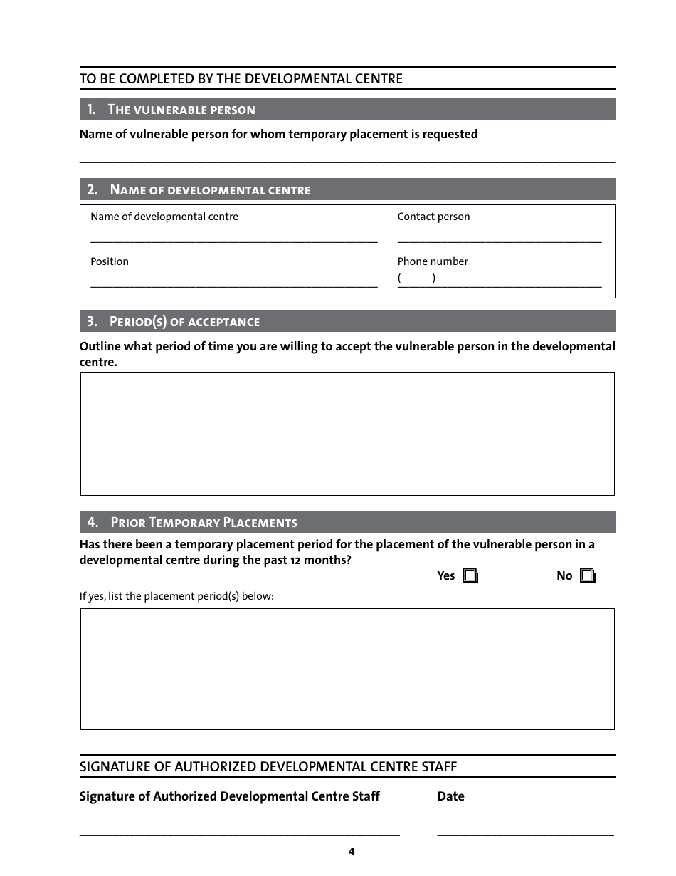 Application for Temporary Placement of a Vulnerable Person in a Developmental Centre for Respite Care - Manitoba, Canada, Page 4